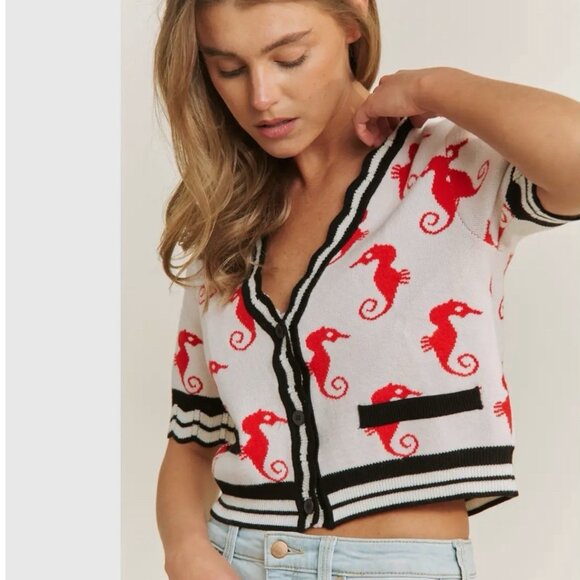 Women Crop Cardigan Size M Cute Red Seahorses Short Sleeves V-Neck Buttons Front - Picture 2 of 10